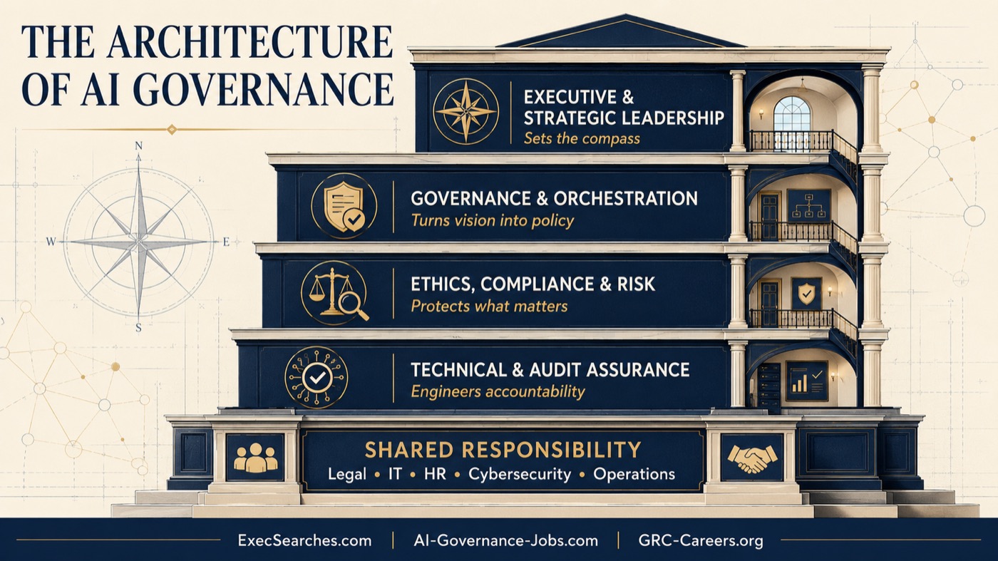 The architecture of AI governance shown as a building: Executive and Strategic Leadership sets the compass at the top, Governance and Orchestration turns vision into policy, Ethics Compliance and Risk protects what matters, Technical and Audit Assurance engineers accountability, all resting on a Shared Responsibility base of Legal, IT, HR, Cybersecurity, and Operations.