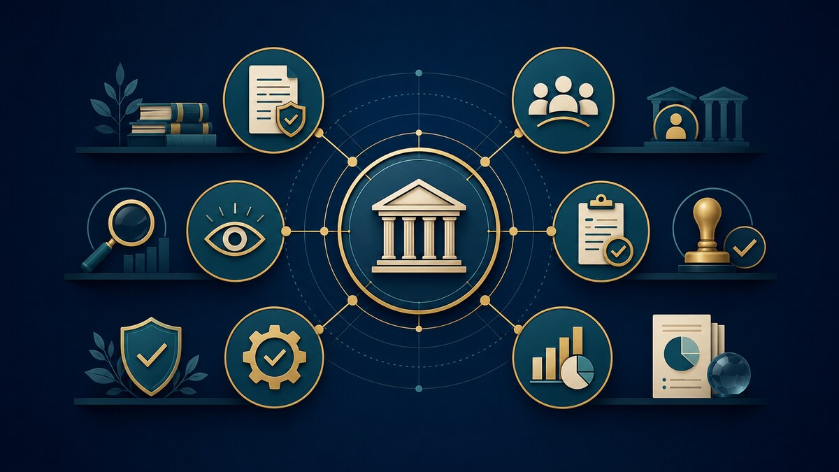 Governance career guide: oversight, policy, committees, accountability and reporting arranged around a central institution.