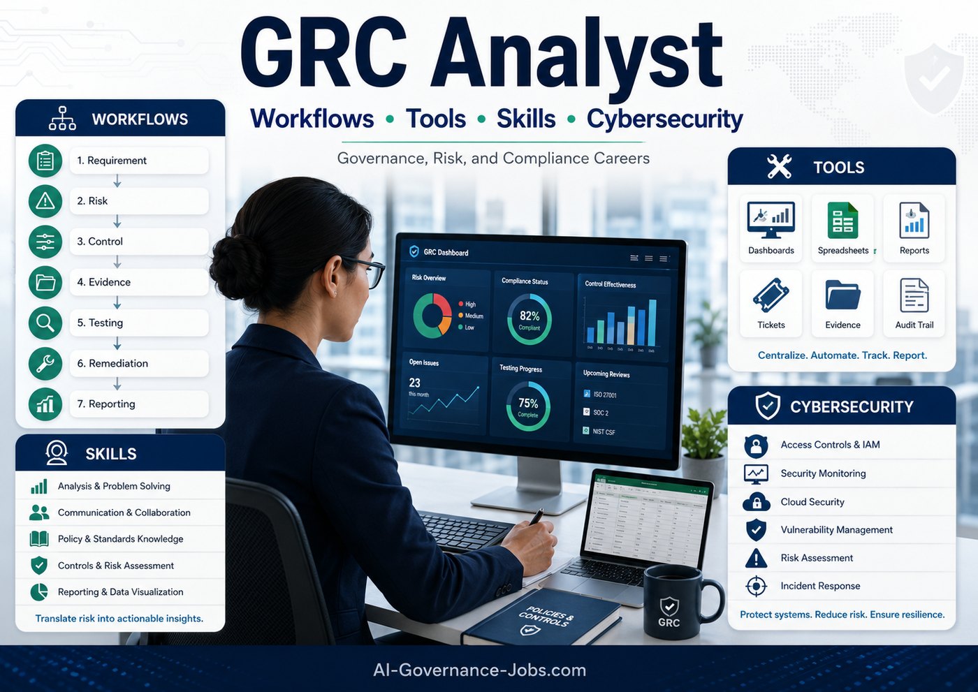 GRC analyst workflows, tools, skills and cybersecurity