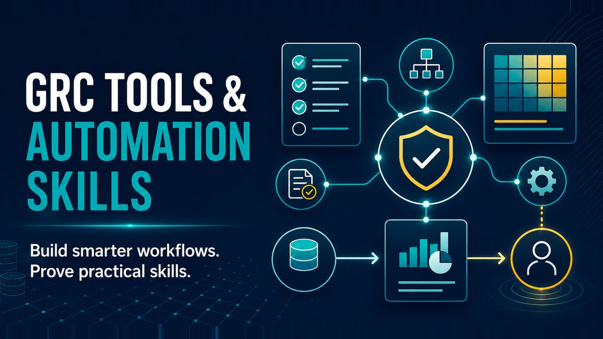 GRC tools and automation skills: a workflow diagram linking a control checklist, policy document, data source, reporting dashboard and approval step around a central assurance shield.